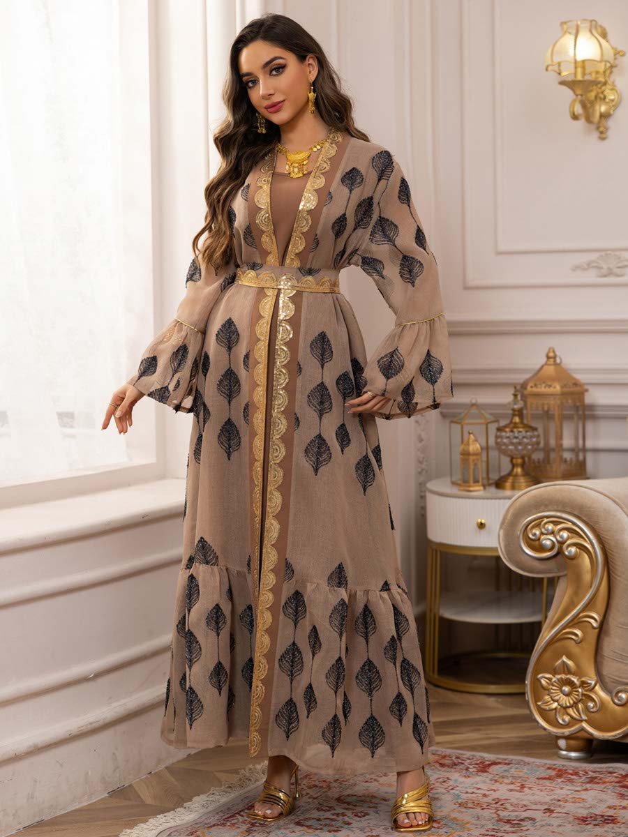 Khaki Printed Sequin Trim Abaya and Dress Set 