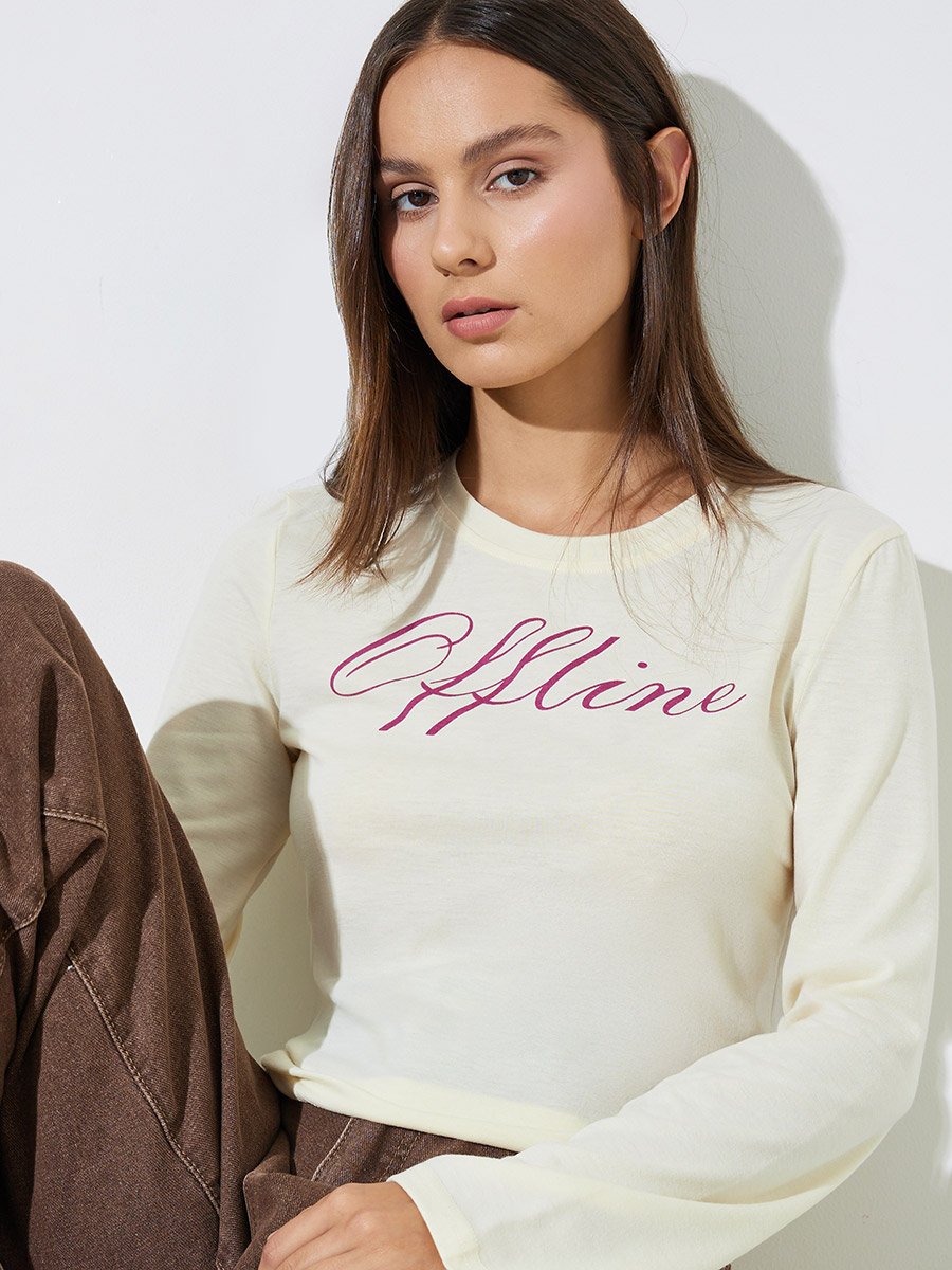 Cream Slogan Print Long Sleeves Regular Fit T-Shirt