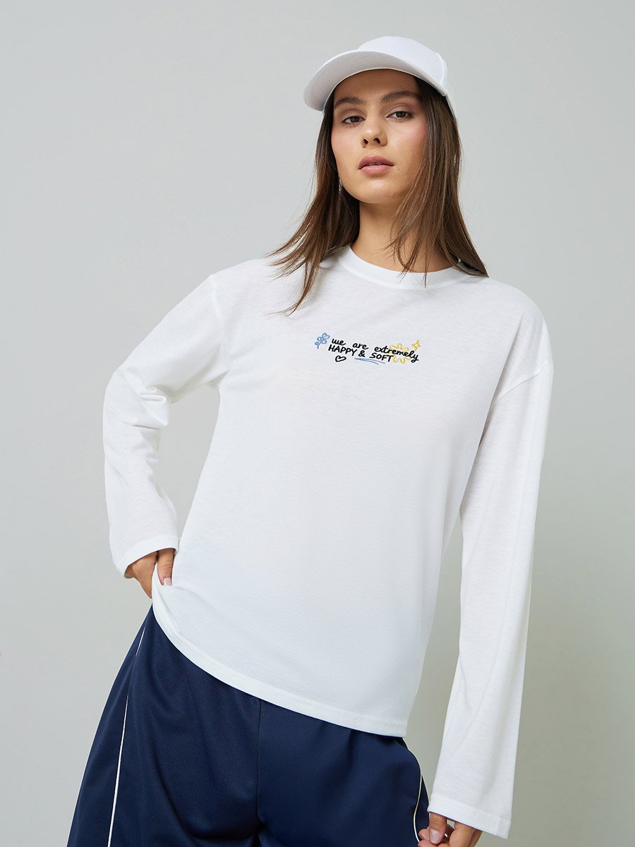 White Embroidered Long Sleeves Regular Fit T-Shirt