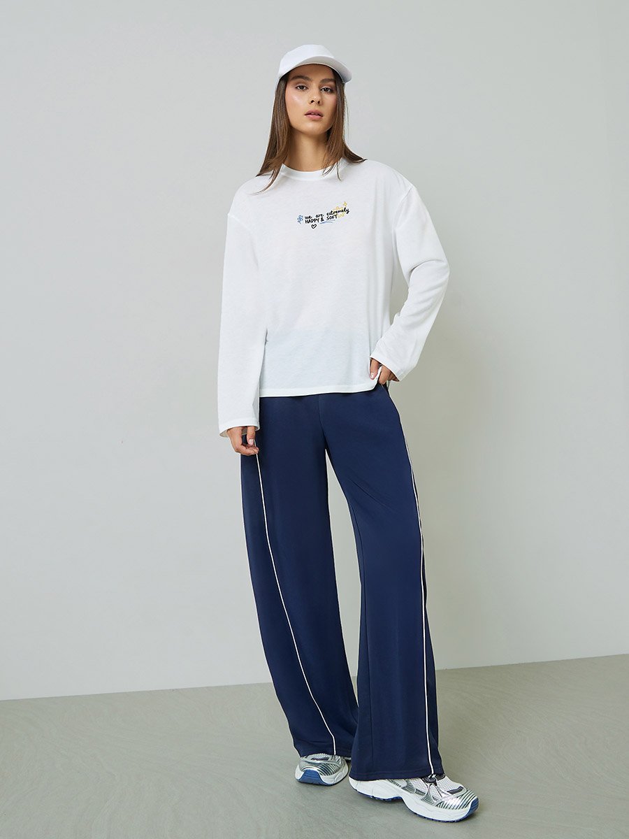 White Embroidered Long Sleeves Regular Fit T-Shirt