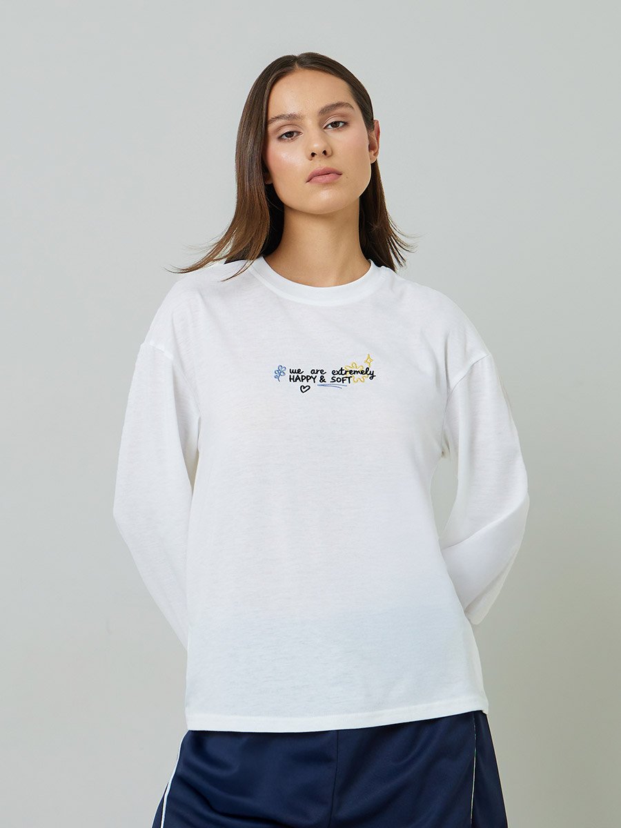 White Embroidered Long Sleeves Regular Fit T-Shirt