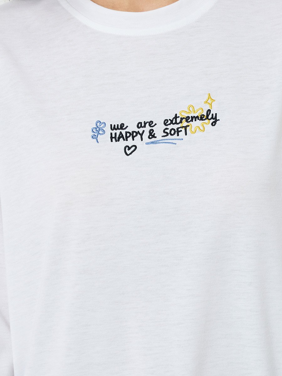 White Embroidered Long Sleeves Regular Fit T-Shirt