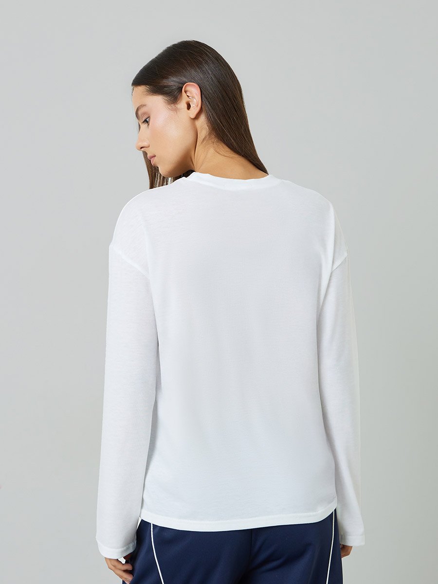 White Embroidered Long Sleeves Regular Fit T-Shirt
