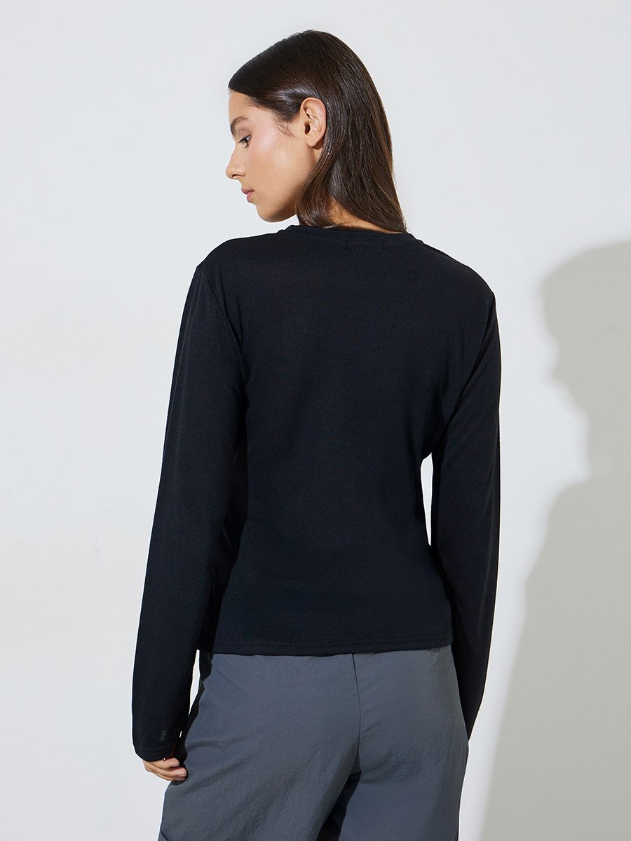 Black Solid Gathered Waist Long Sleeves T-Shirt with Side Slit