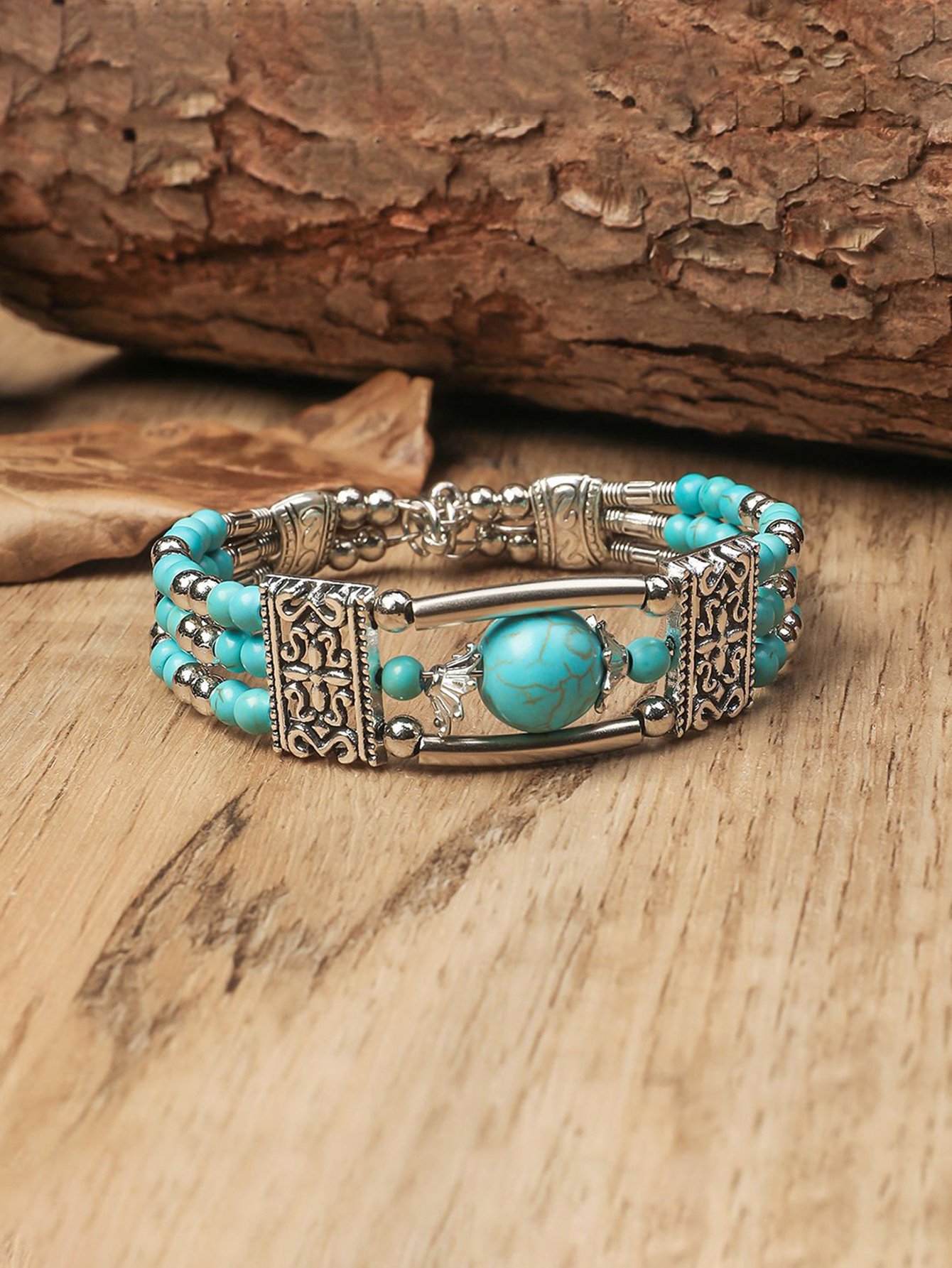 Silver and Turquoise Beaded Bangle Bracelet for Casual Wear.