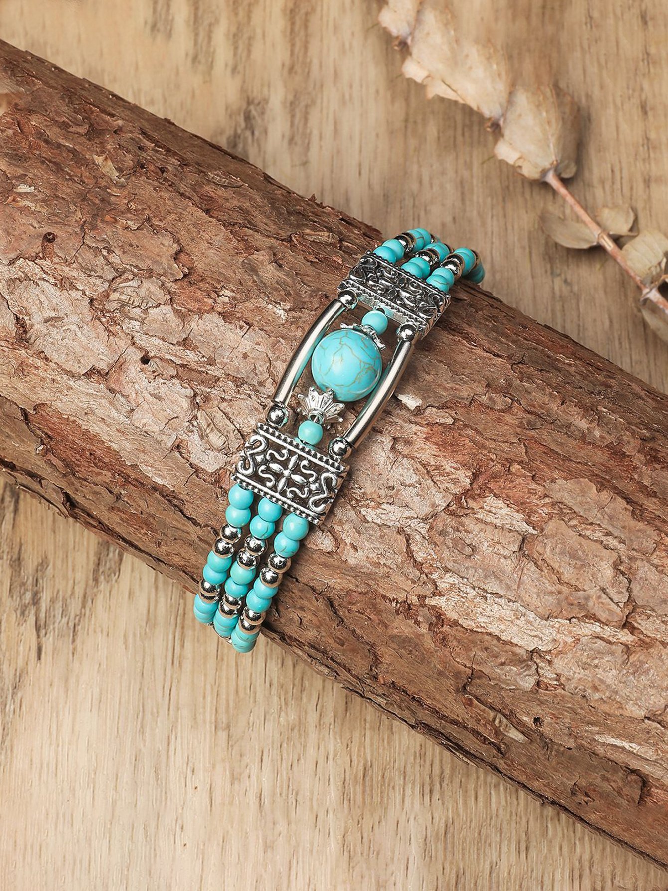 Silver and Turquoise Beaded Bangle Bracelet for Casual Wear.