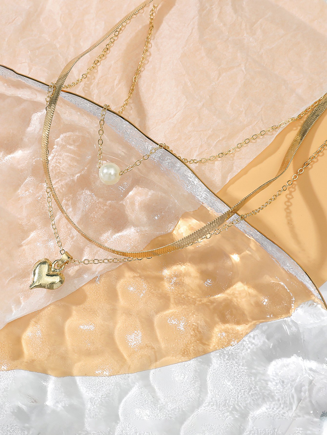Gold Heart and Pearl Layered Pendant Necklace