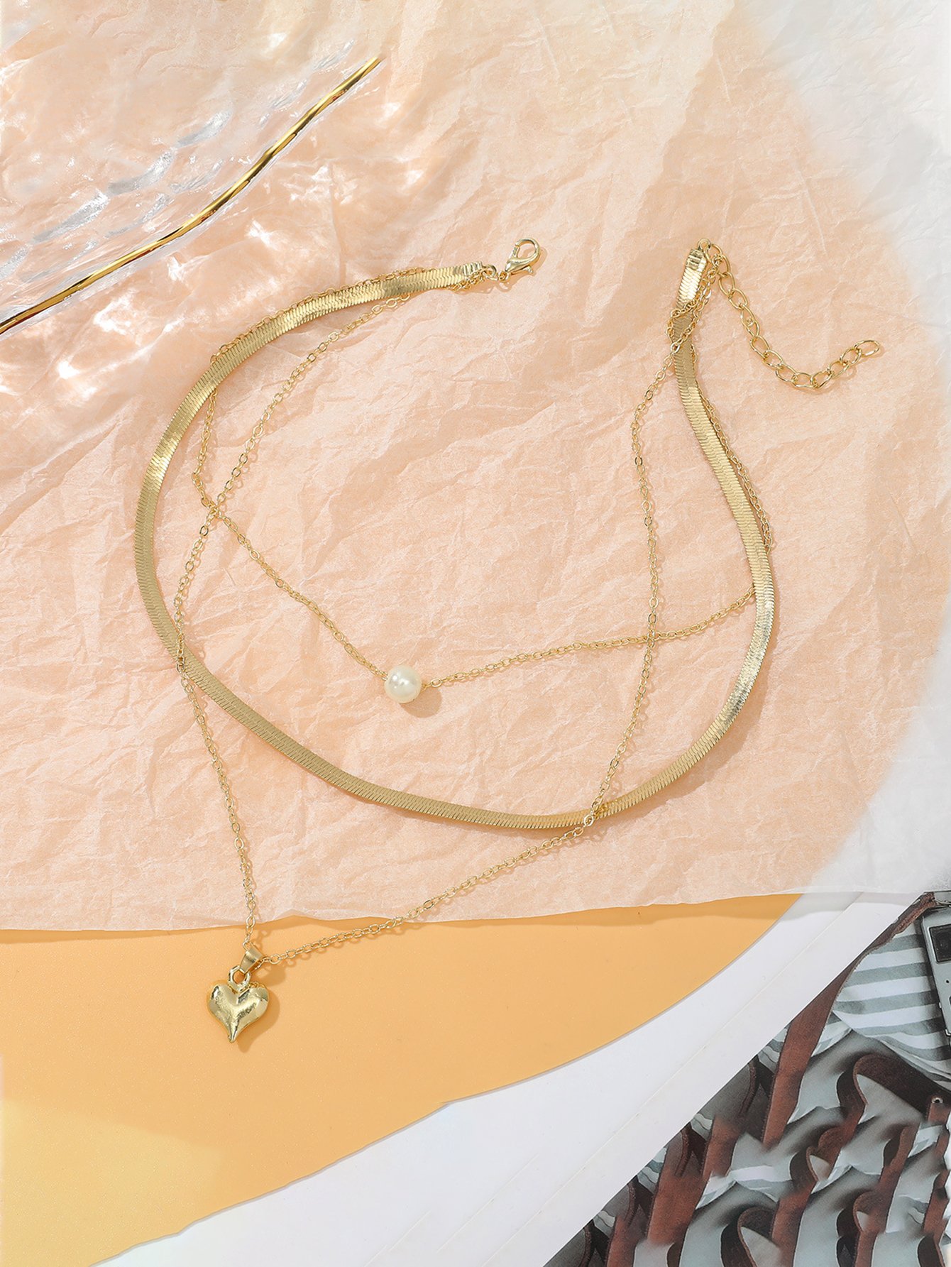 Gold Heart and Pearl Layered Pendant Necklace