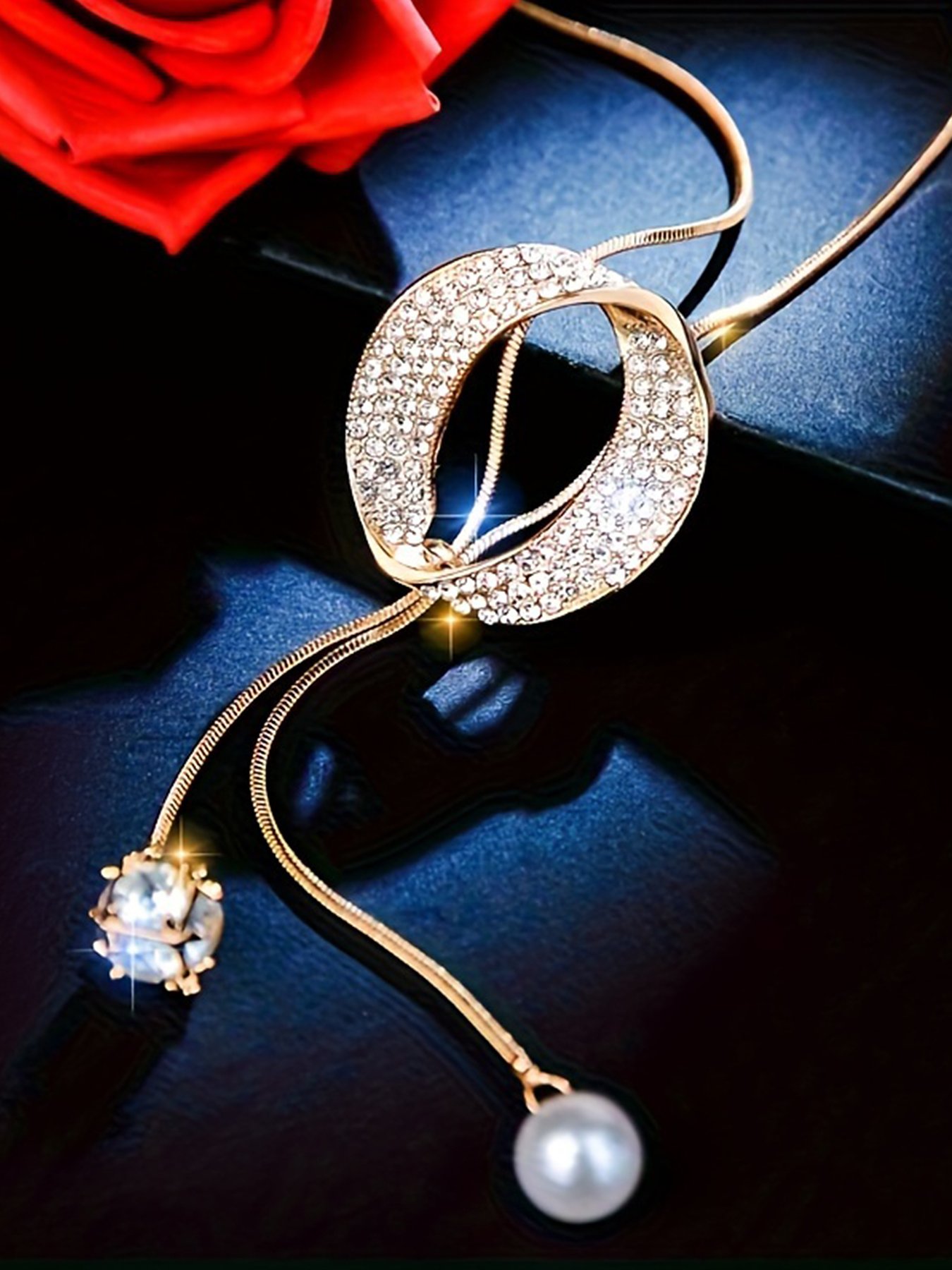 Gold Plated Casual Pendant Necklace with Pearl and Crystal Charm