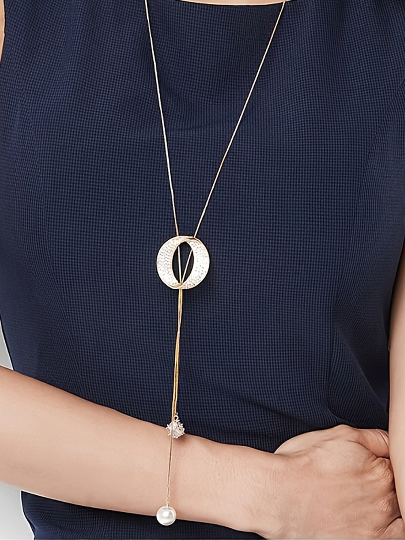 Gold Plated Casual Pendant Necklace with Pearl and Crystal Charm