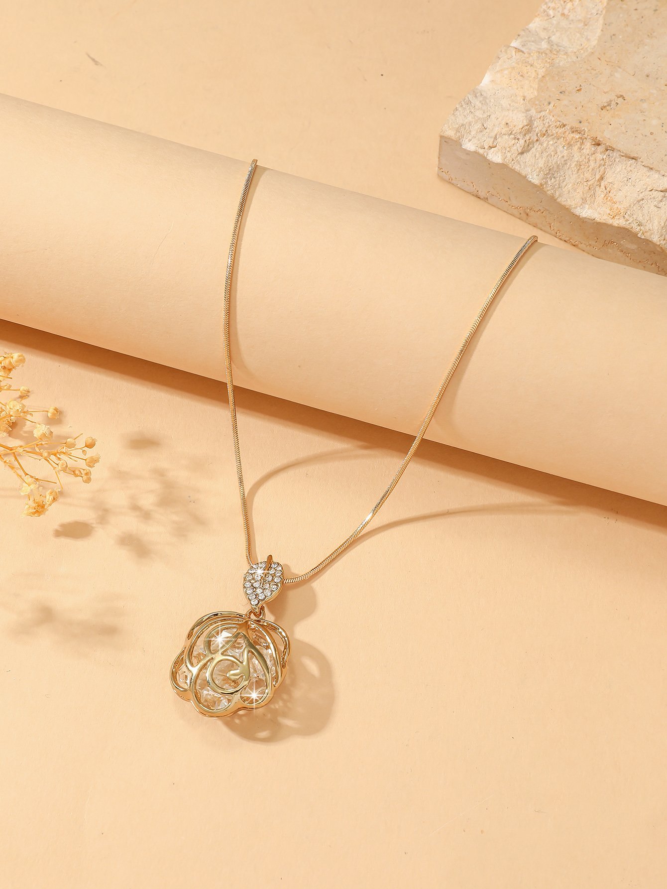 Gold Rose Pendant Necklace with Crystals