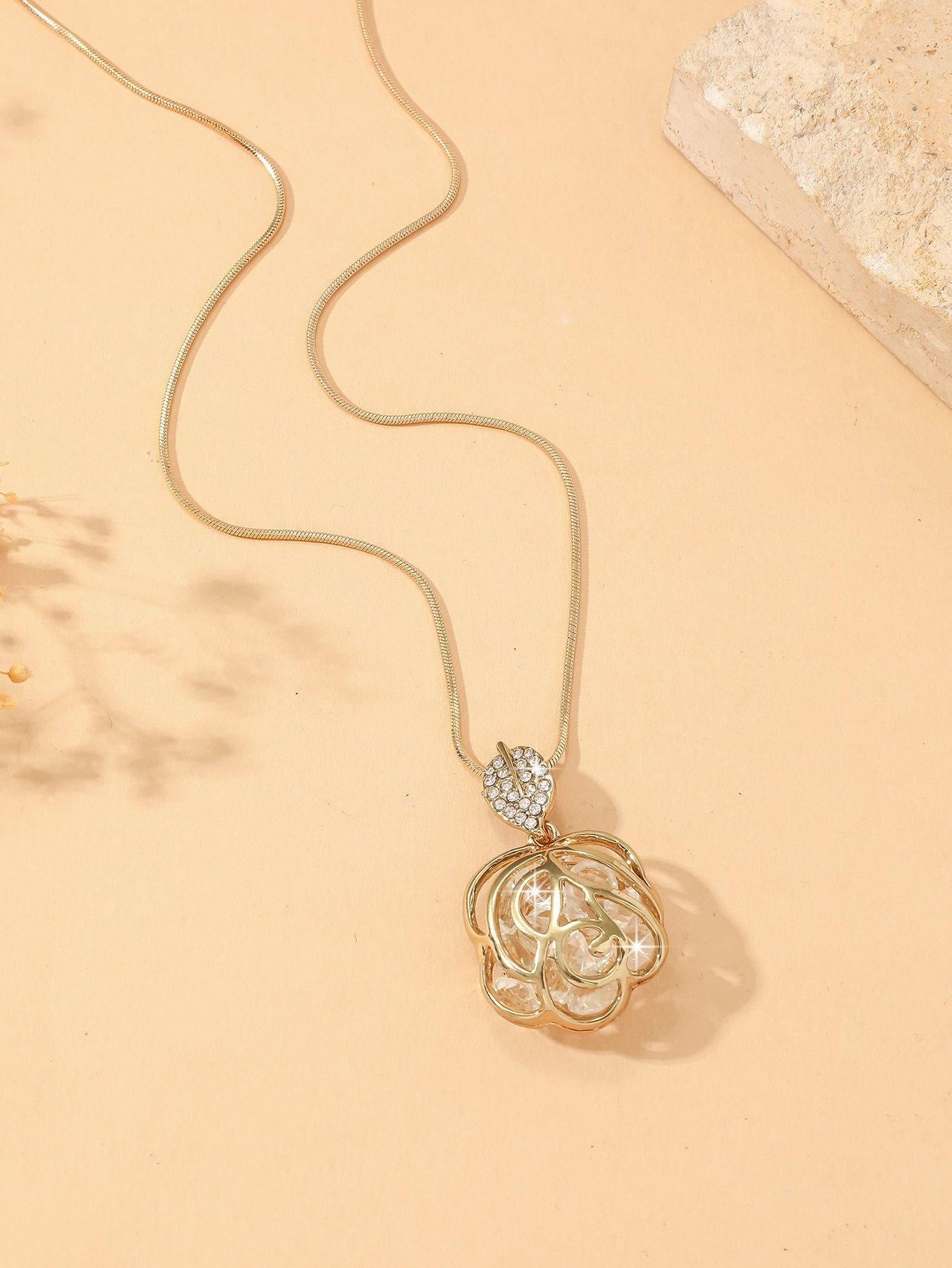 Gold Rose Pendant Necklace with Crystals