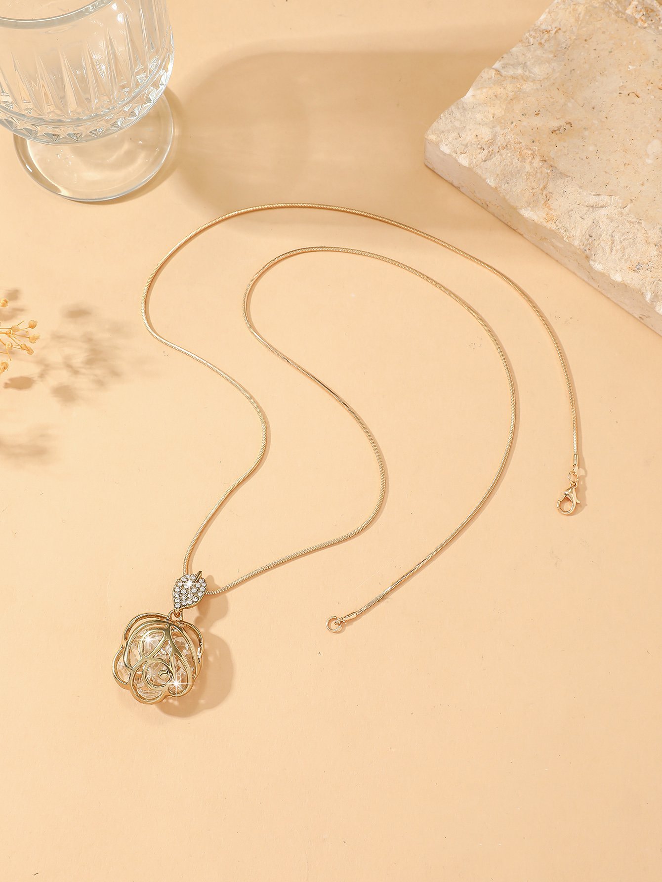 Gold Rose Pendant Necklace with Crystals