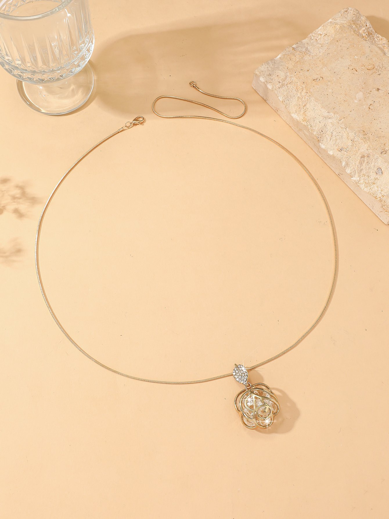 Gold Rose Pendant Necklace with Crystals