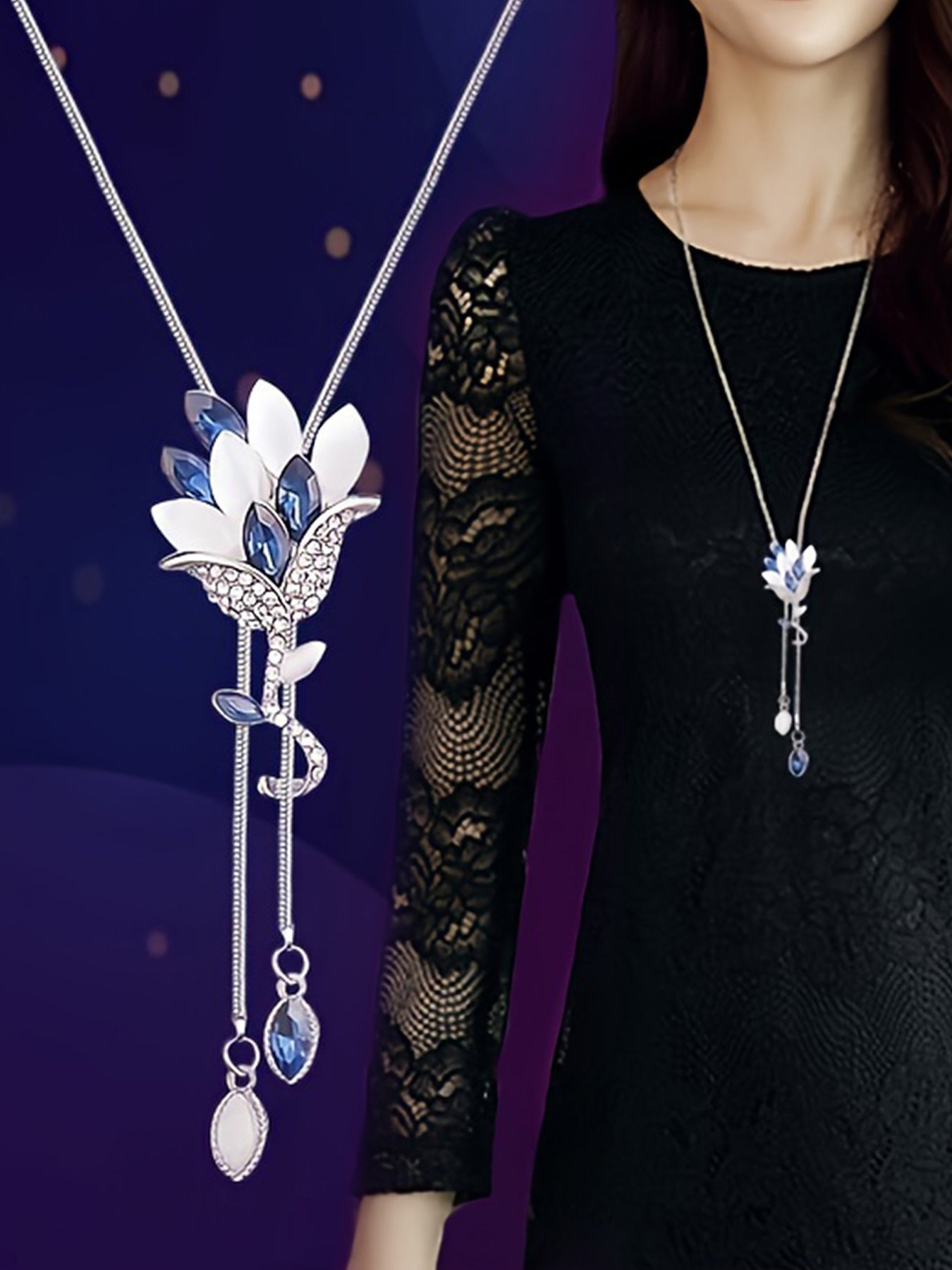 Blue Crystal Floral Pendant Necklace