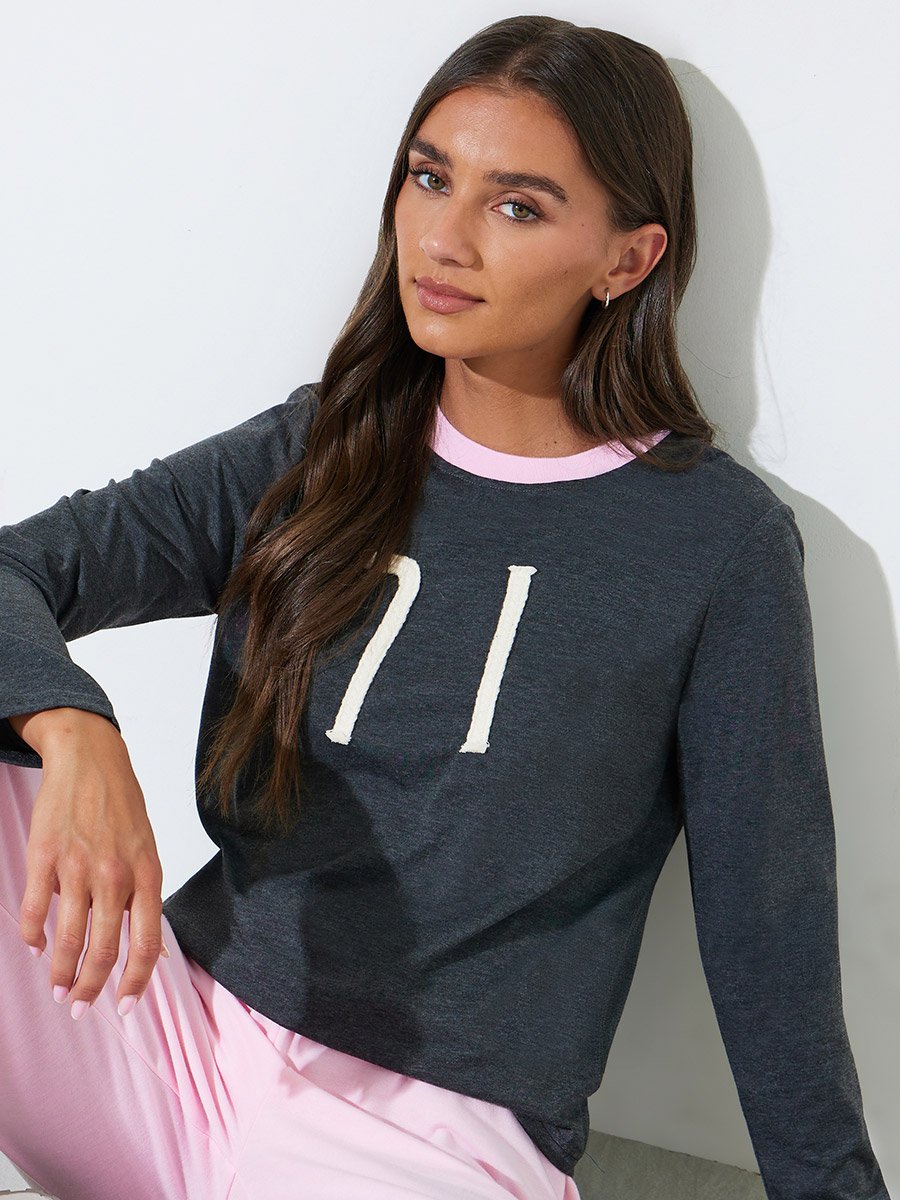 Grey Embroidered Long Sleeve Round Neck T-Shirt