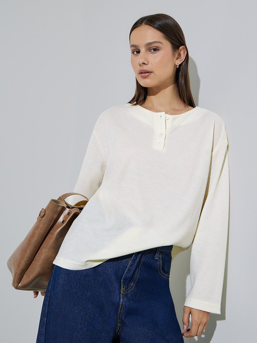 Cream Waffle Knit Oversized T-Shirt
