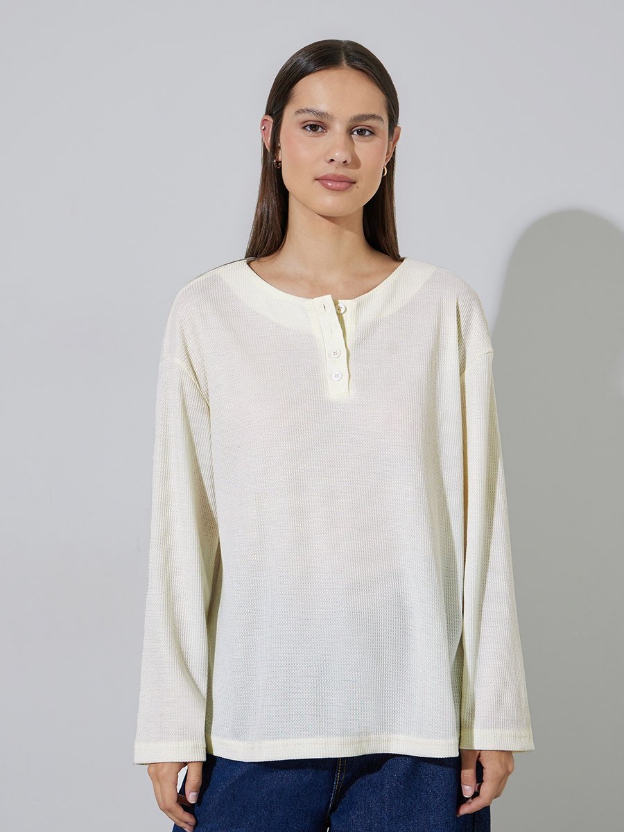 Cream Waffle Knit Oversized T-Shirt
