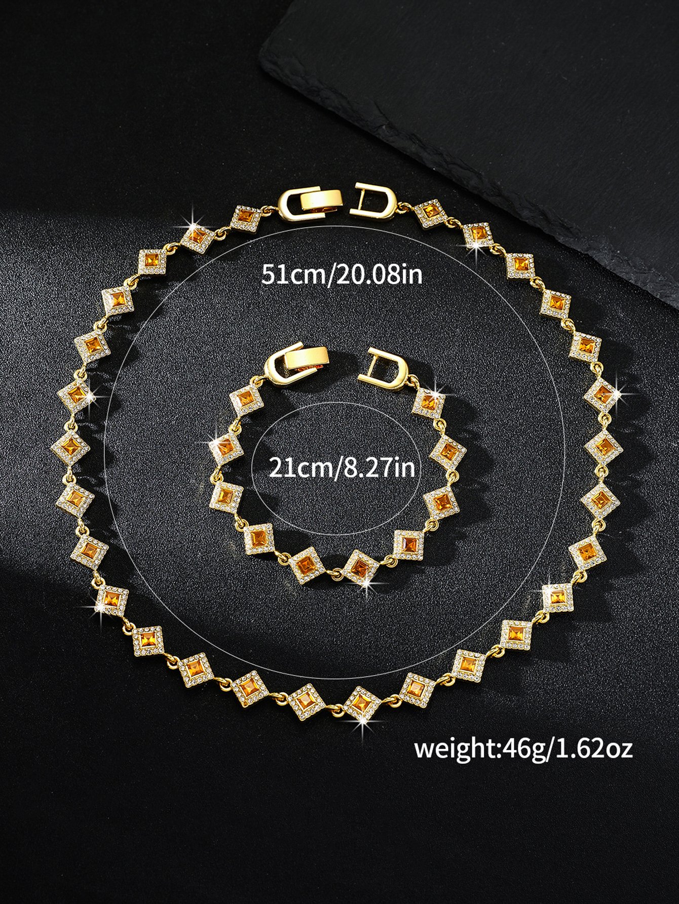 Glamorous Gold Rhombus Necklace and Bracelet Set