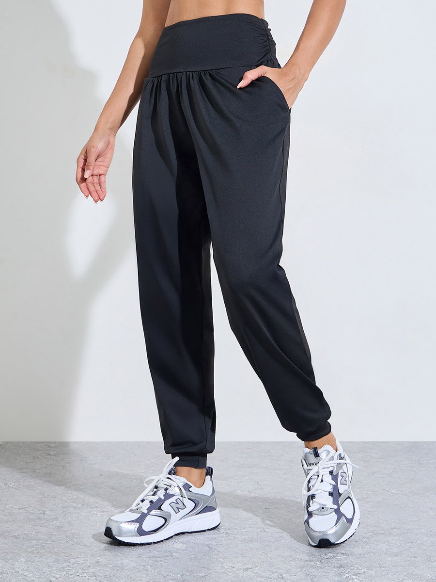 Black Solid Ruched Details Cuffed Hem Joggers