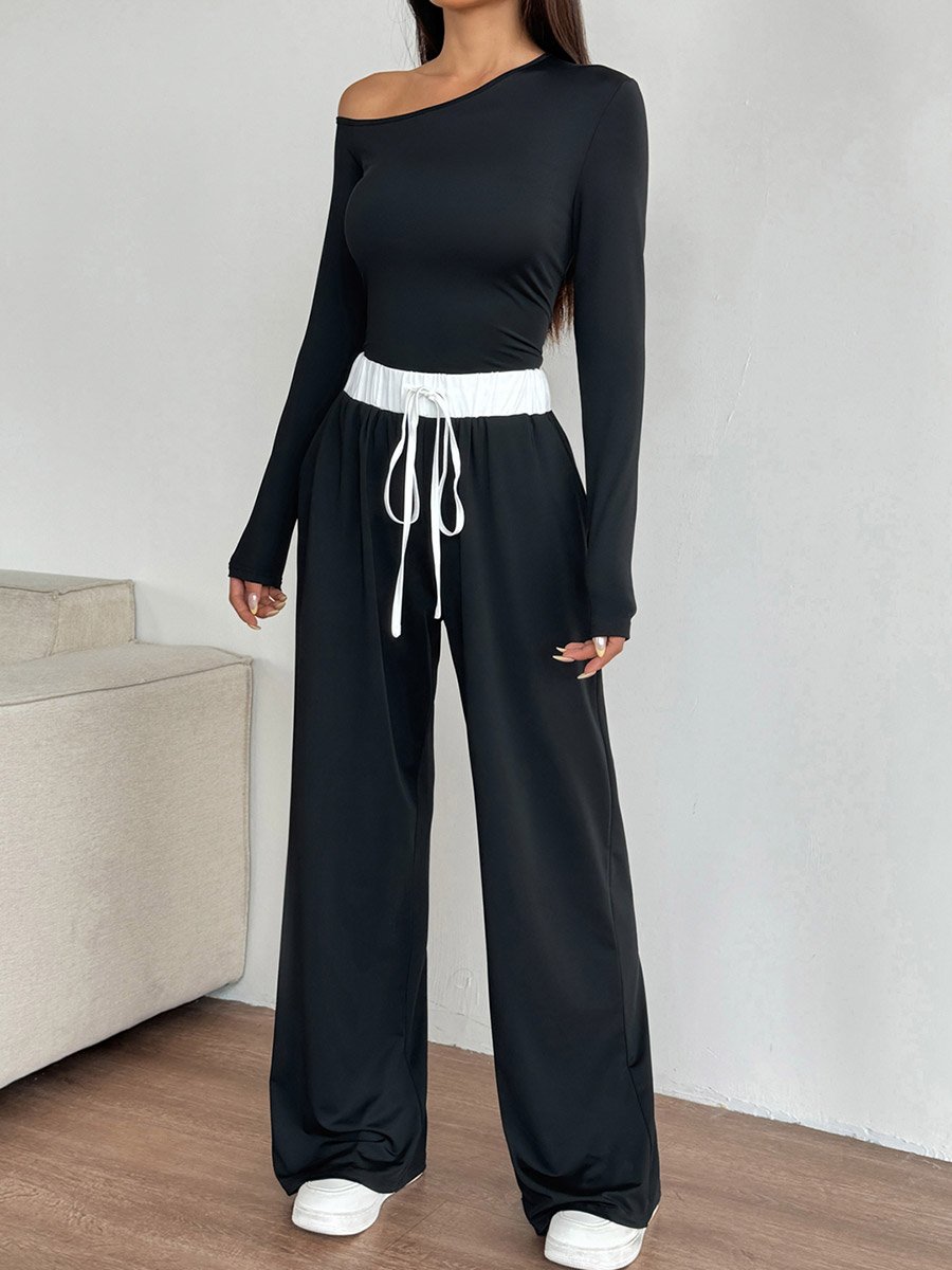 Black Solid Asymmetric Neck Top and Straight Leg Pants Active Set