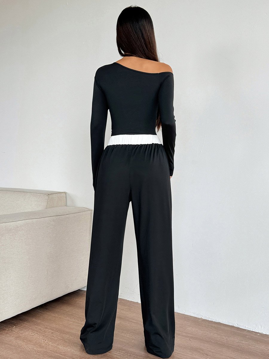 Black Solid Asymmetric Neck Top and Straight Leg Pants Active Set