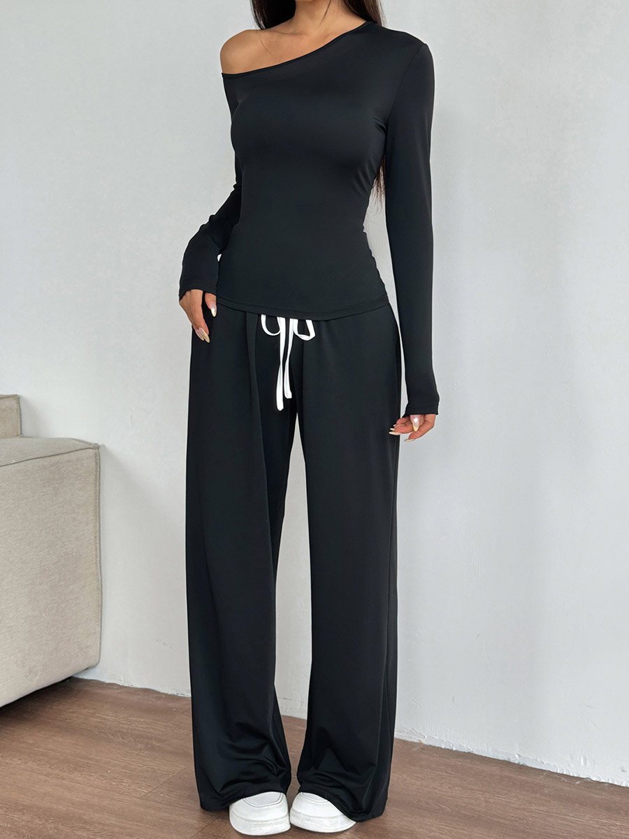 Black Solid Asymmetric Neck Top and Straight Leg Pants Active Set