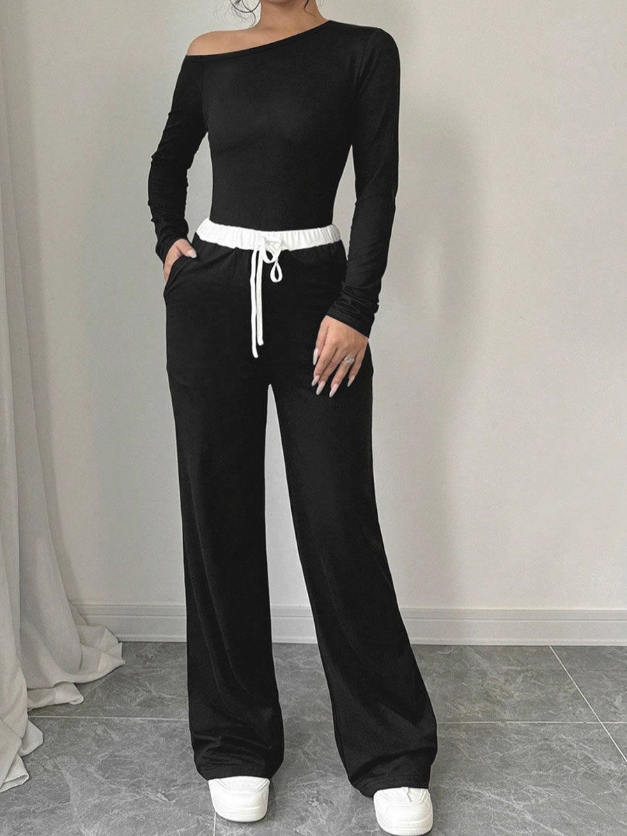Black Solid Asymmetric Neck Top and Straight Leg Pants Active Set