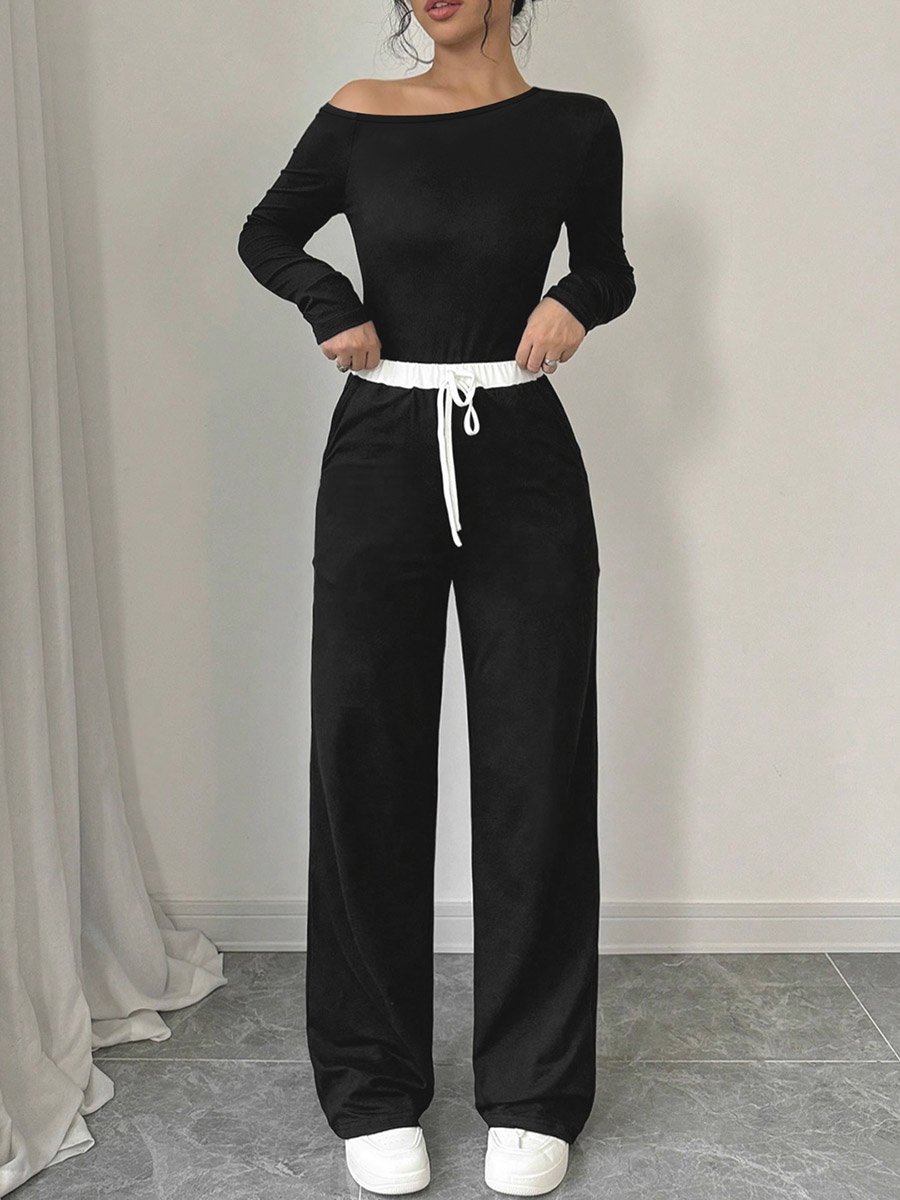Black Solid Asymmetric Neck Top and Straight Leg Pants Active Set