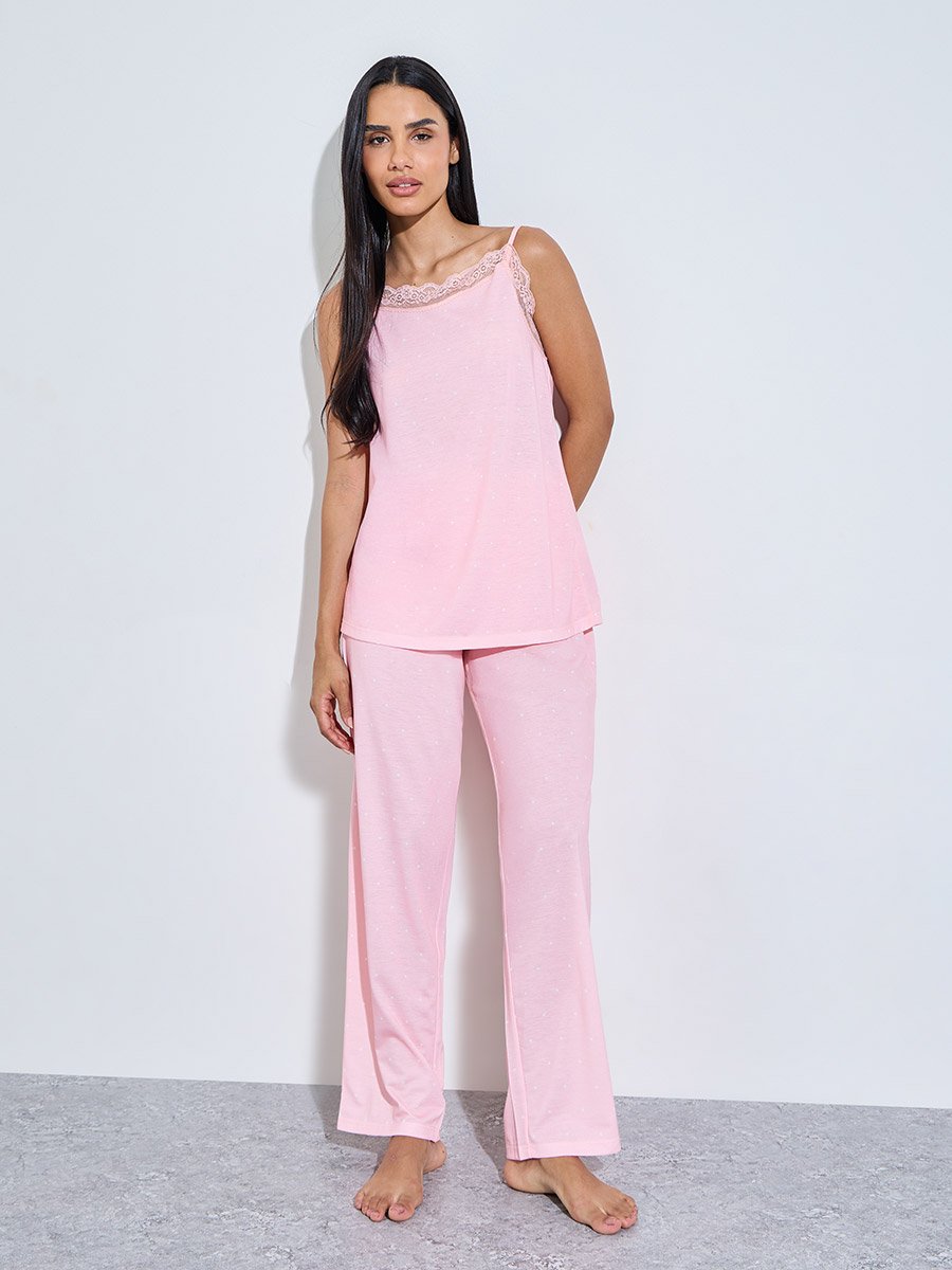 Pink Polka Dot Lace Detail Strappy Cami and Straight Leg Pants Pyjama Set