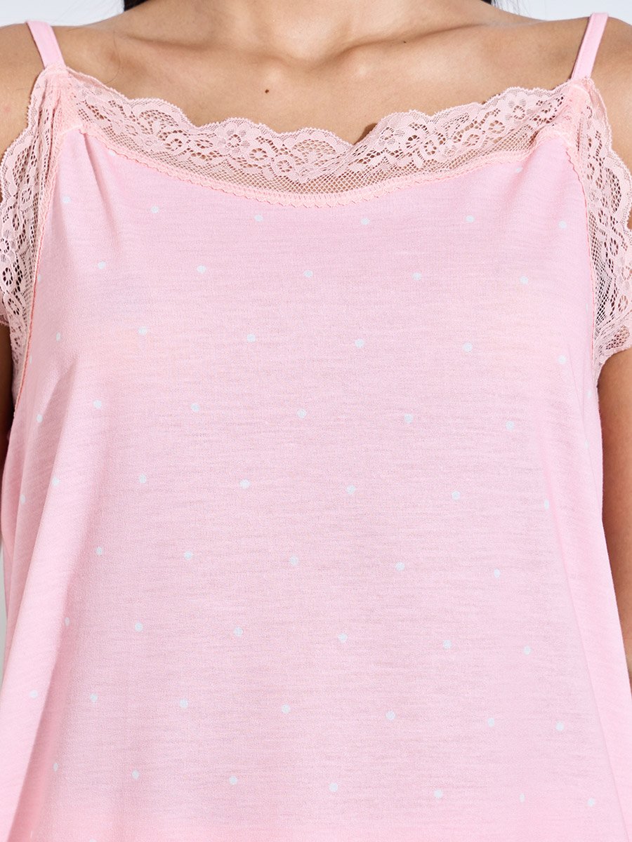 Pink Polka Dot Lace Detail Strappy Cami and Straight Leg Pants Pyjama Set