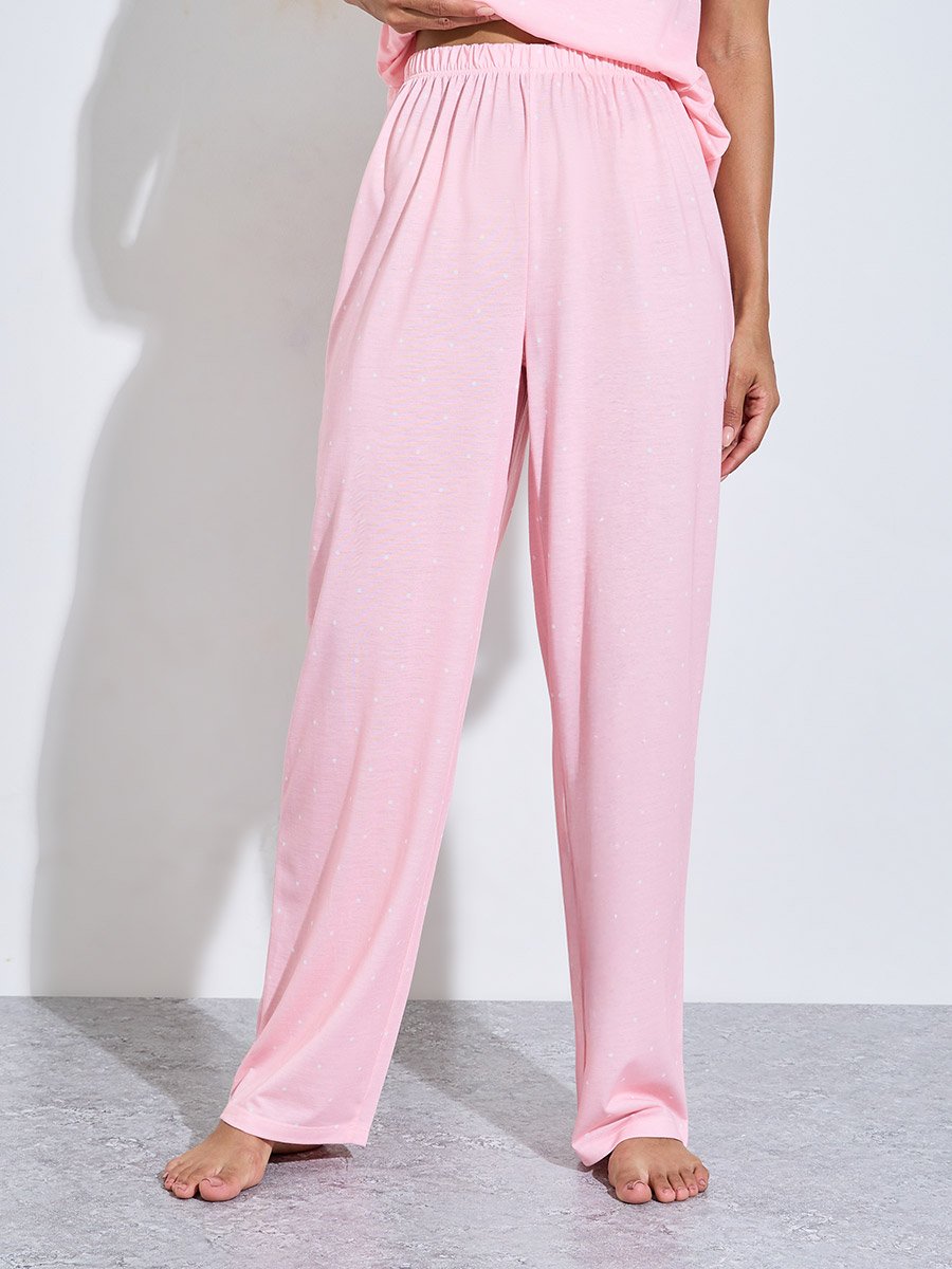 Pink Polka Dot Lace Detail Strappy Cami and Straight Leg Pants Pyjama Set