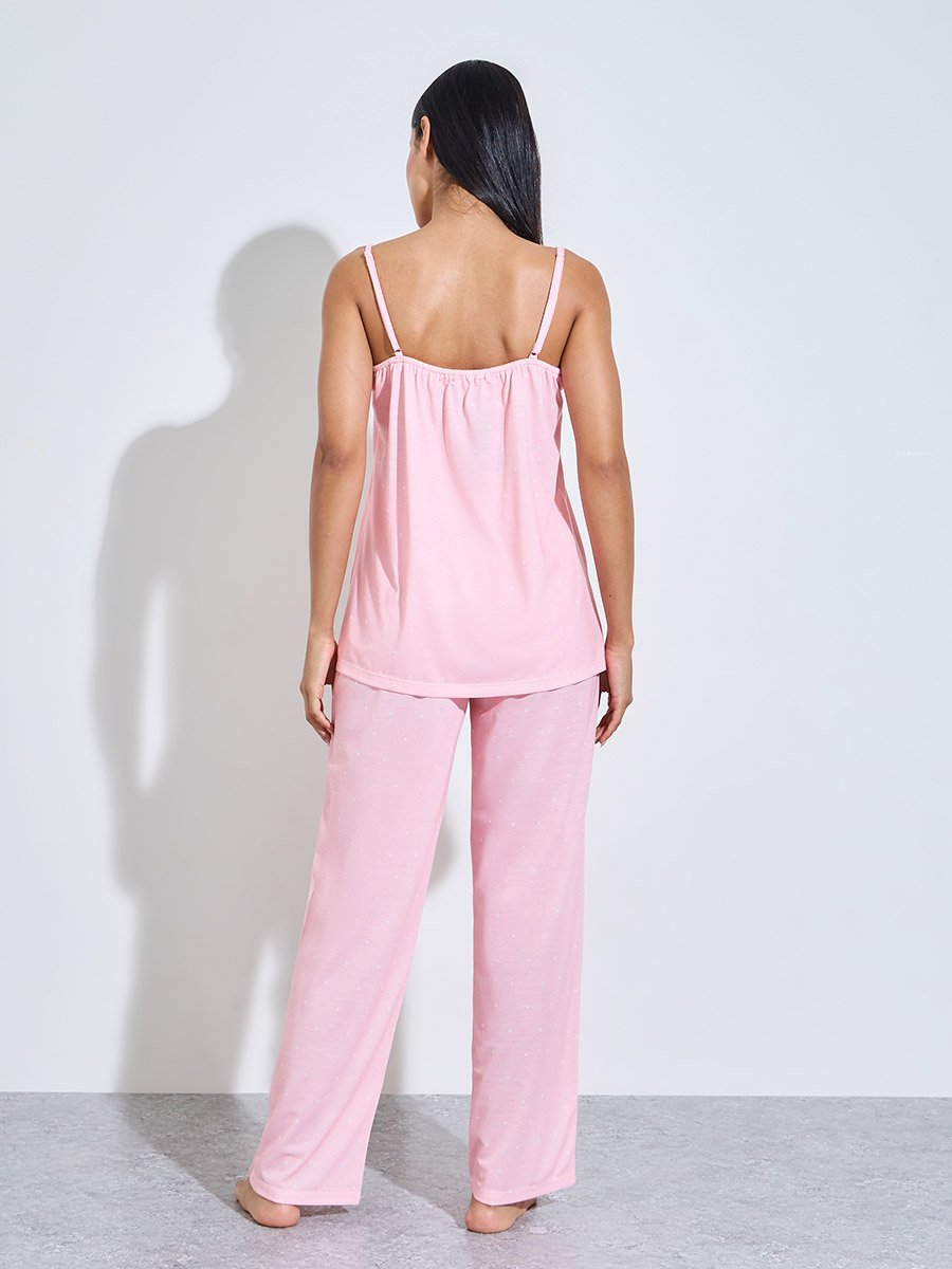 Pink Polka Dot Lace Detail Strappy Cami and Straight Leg Pants Pyjama Set
