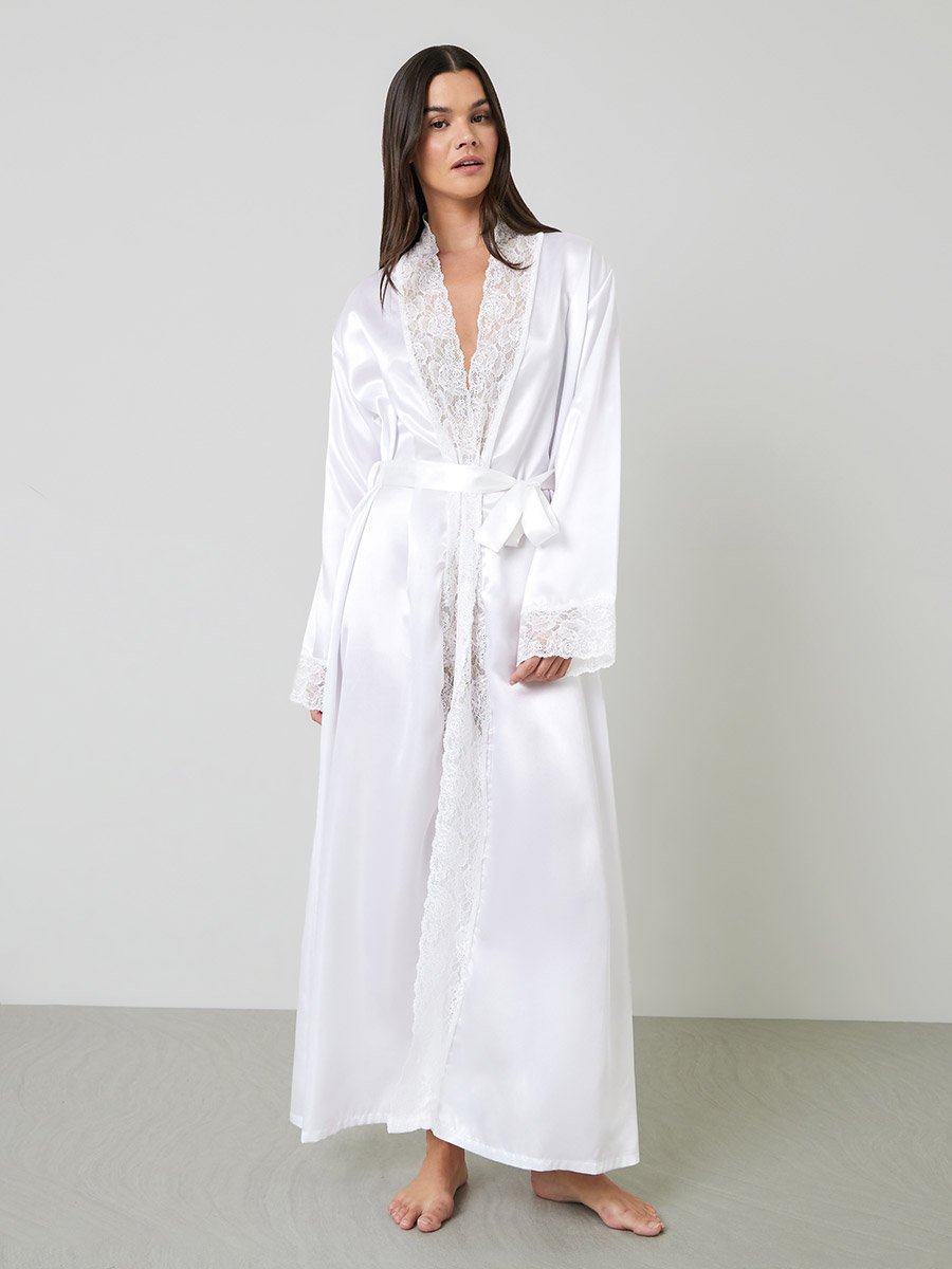 White Solid Lace Trims Long Sleeves Maxi Robe 