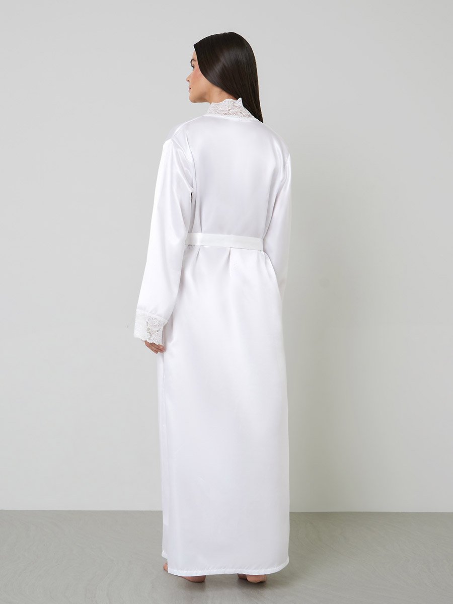 White Solid Lace Trims Long Sleeves Maxi Robe 