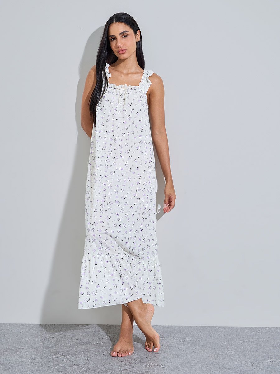 Multi-Color Floral Print Ruffle Straps Maxi Nightdress