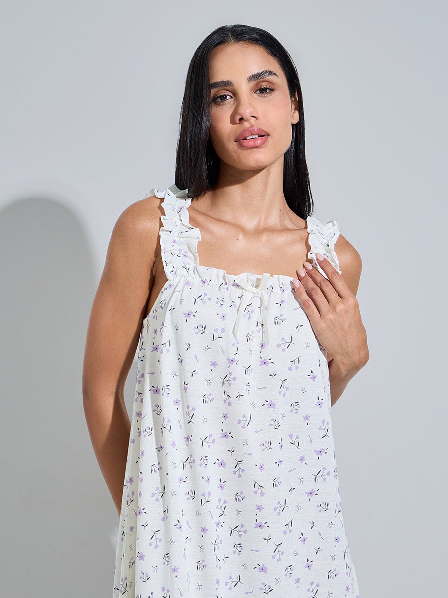 Multi-Color Floral Print Ruffle Straps Maxi Nightdress