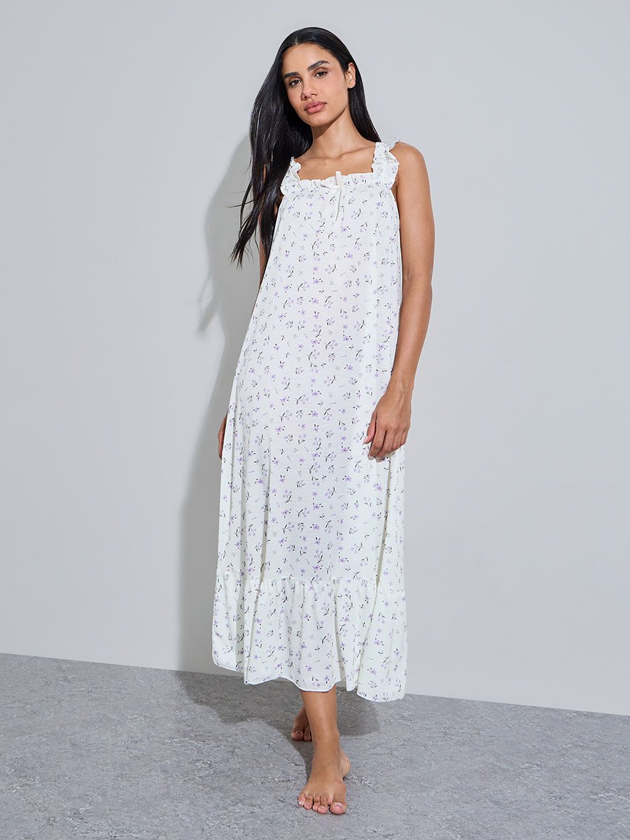 Multi-Color Floral Print Ruffle Straps Maxi Nightdress
