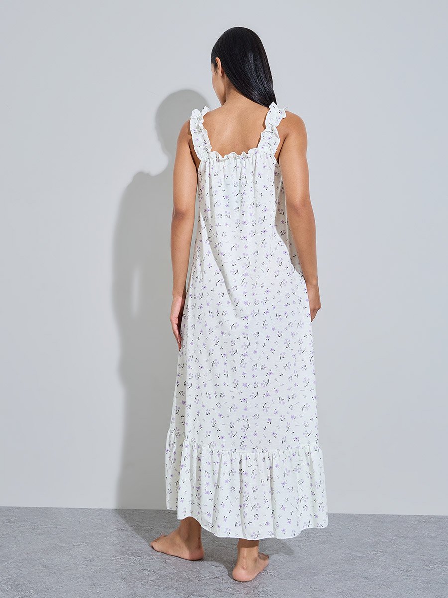 Multi-Color Floral Print Ruffle Straps Maxi Nightdress