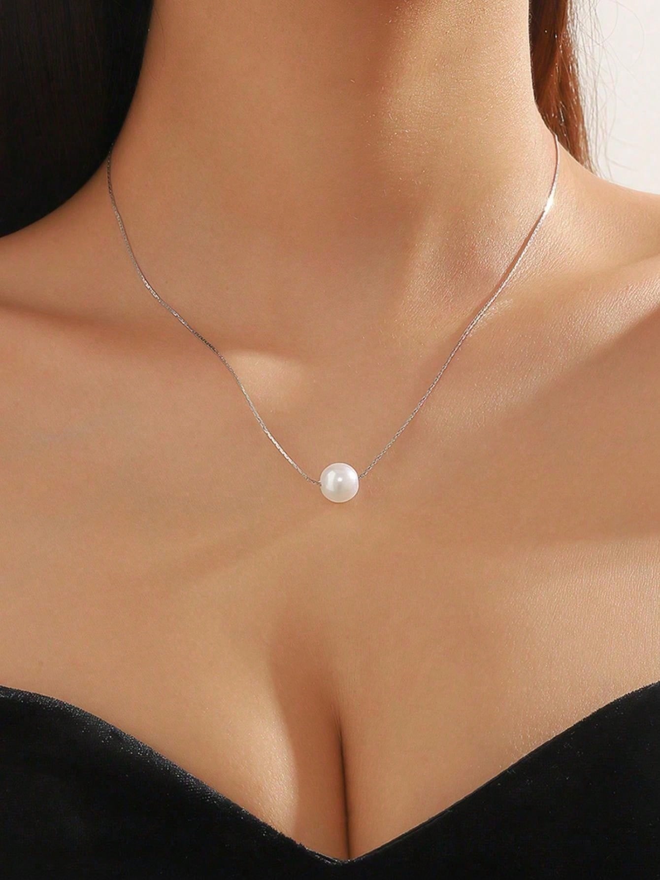 Silver Chain Necklace with Single Pearl Pendant