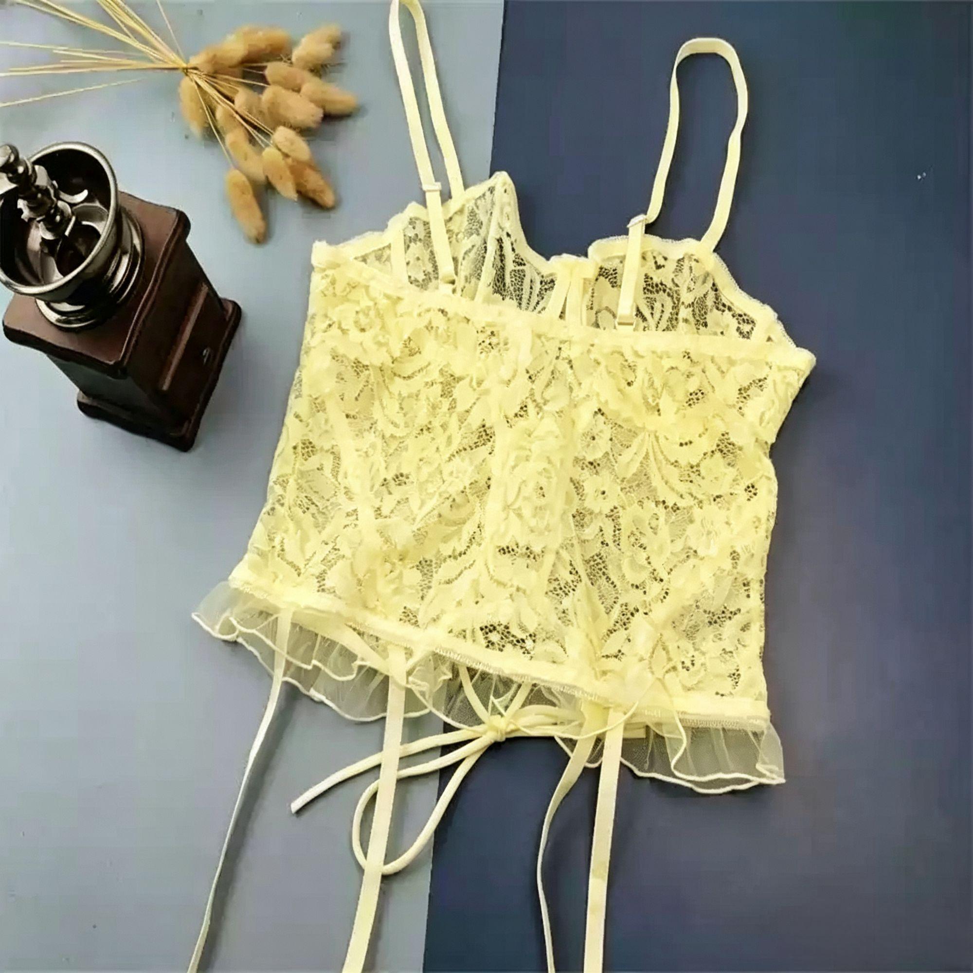 Yellow Floral Lace Bralette and Briefs Lingerie Set