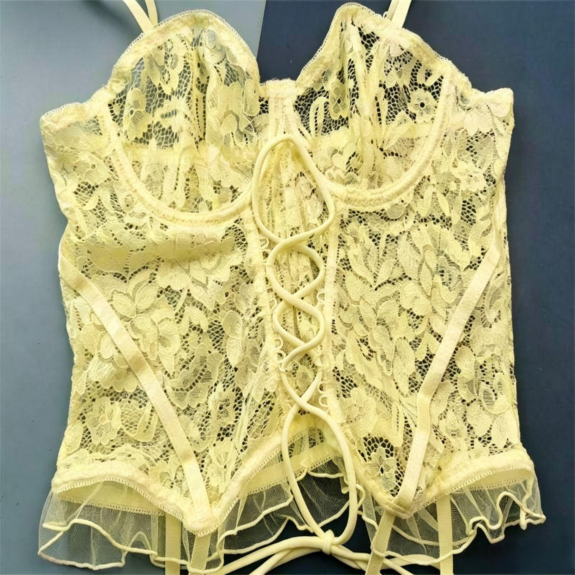 Yellow Floral Lace Bralette and Briefs Lingerie Set