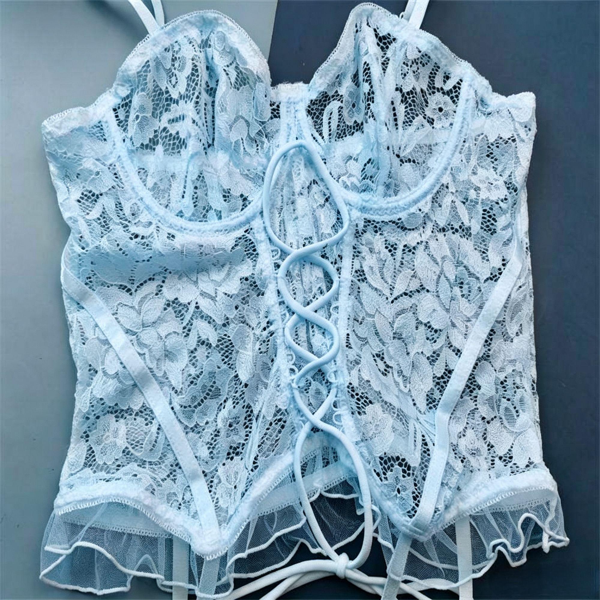 Blue Floral Lace Bralette and Briefs Lingerie Set