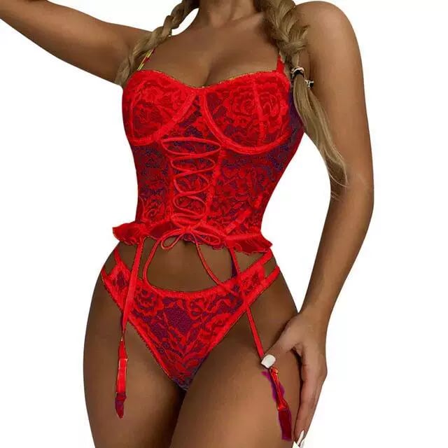 Red Floral Lace Bralette and Briefs Lingerie Set with Underwire and Garter Detail
