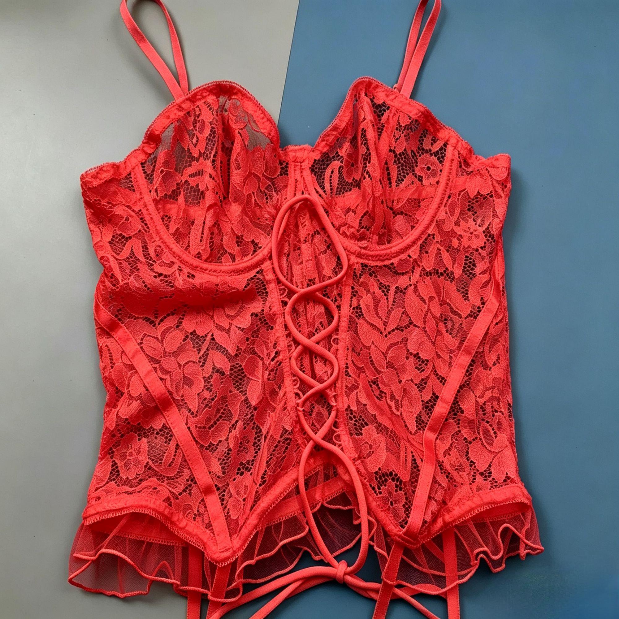 Red Floral Lace Bralette and Briefs Lingerie Set with Underwire and Garter Detail