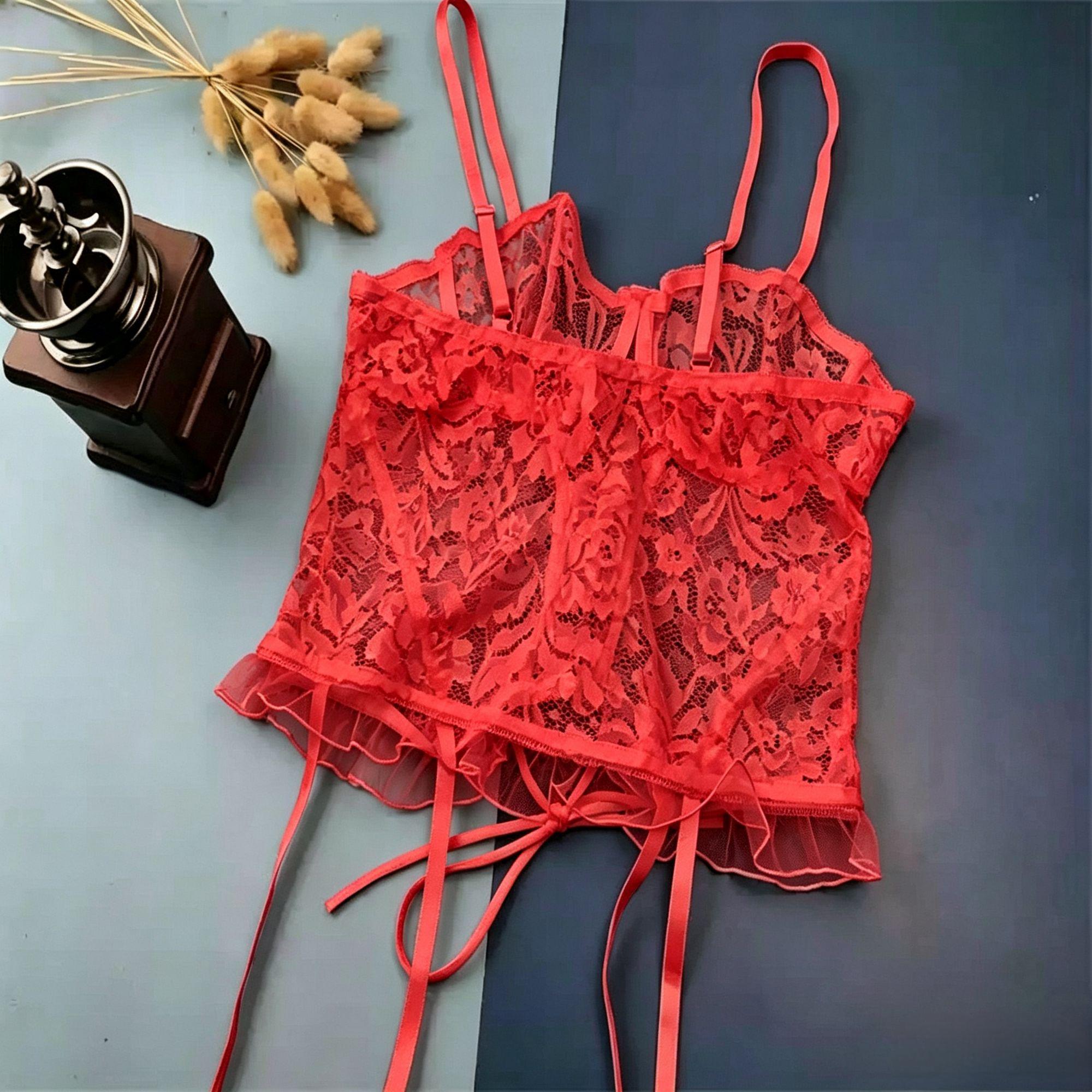 Red Floral Lace Bralette and Briefs Lingerie Set with Underwire and Garter Detail