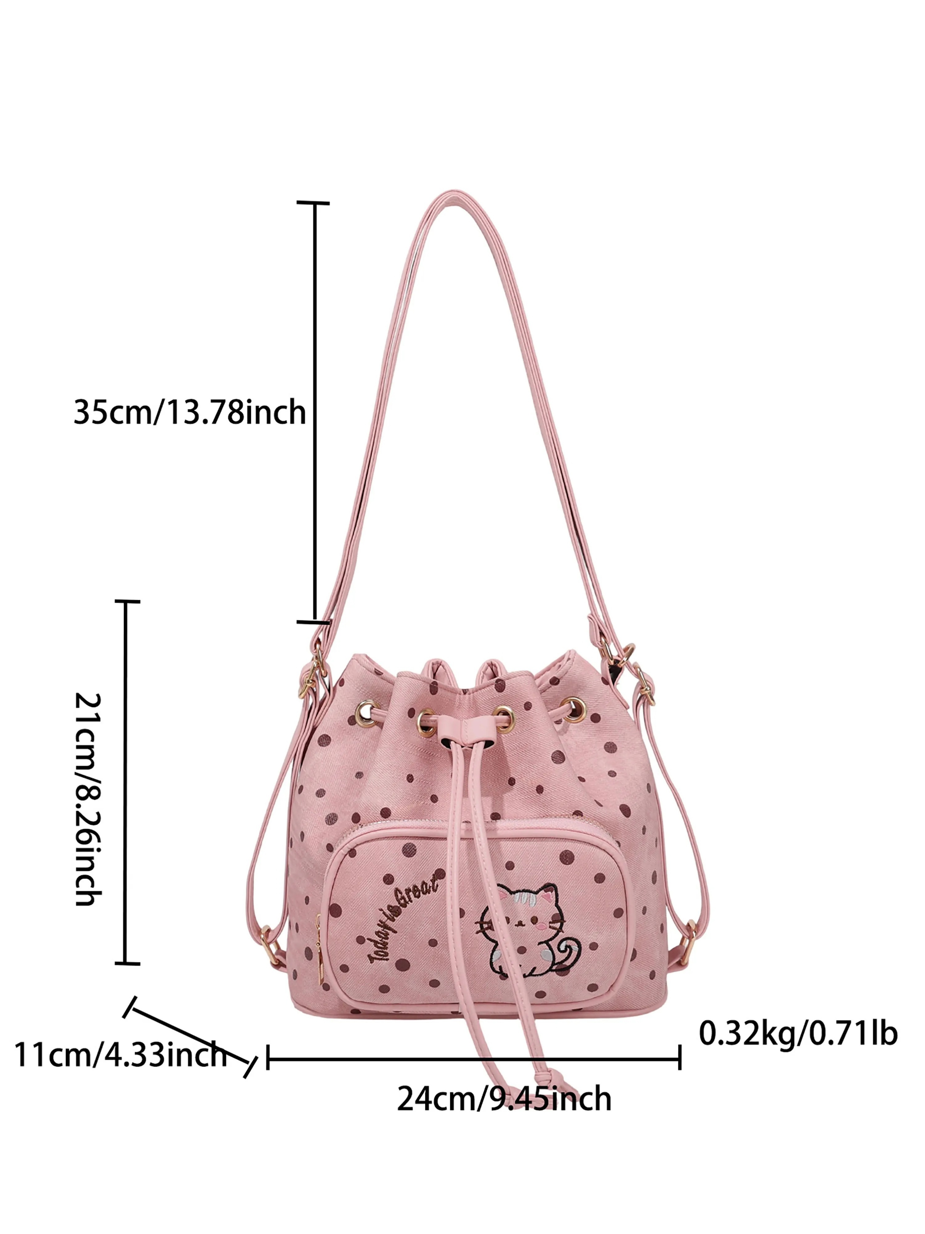Pink Polka Dot Kitten Drawstring Bag