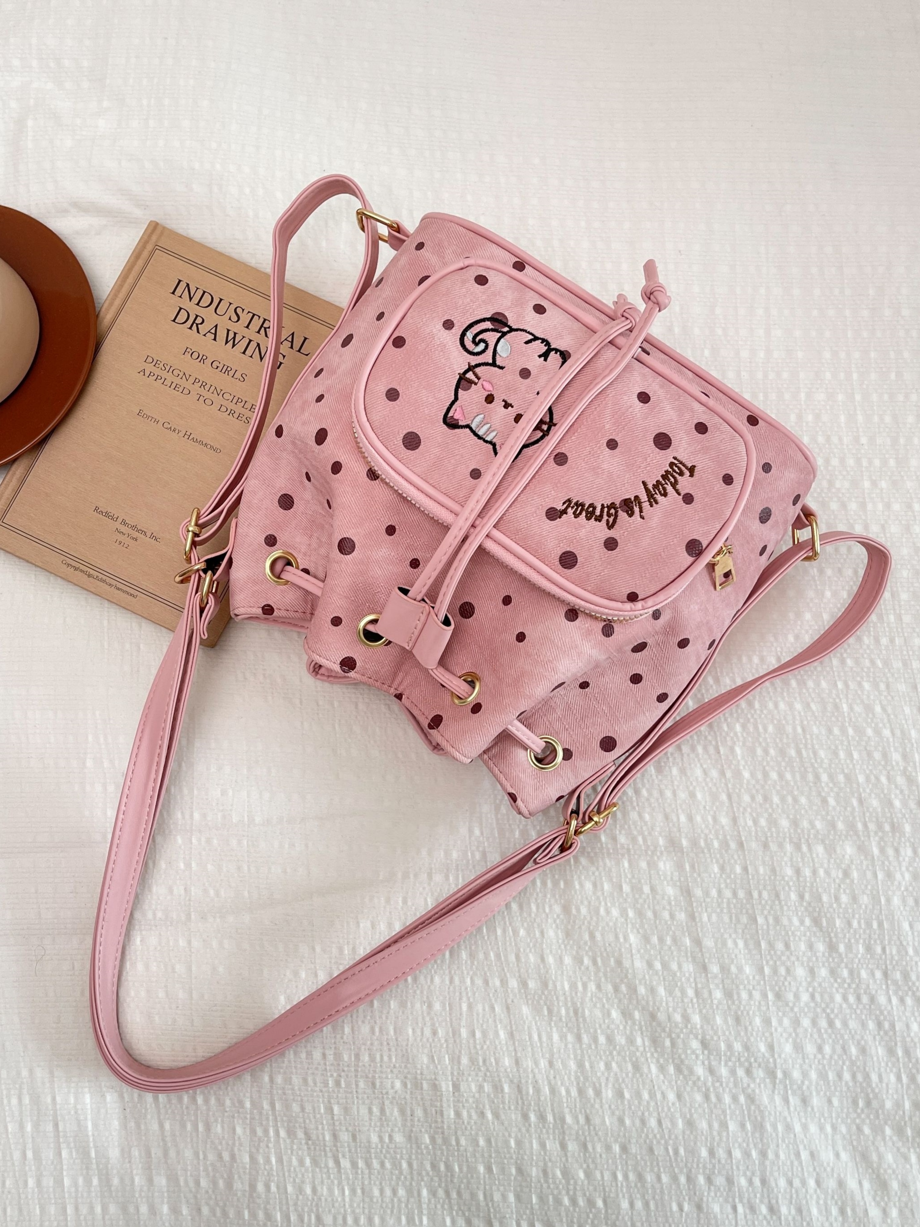 Pink Polka Dot Kitten Drawstring Bag