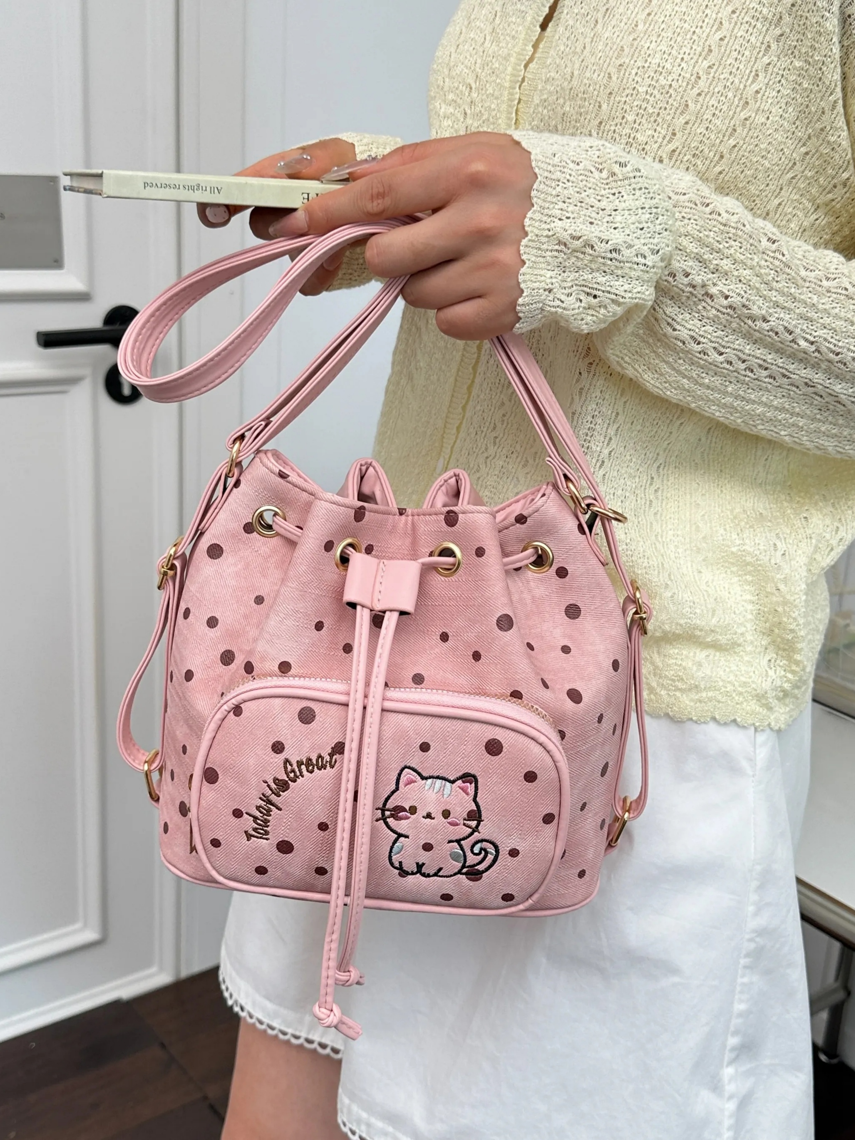 Pink Polka Dot Kitten Drawstring Bag