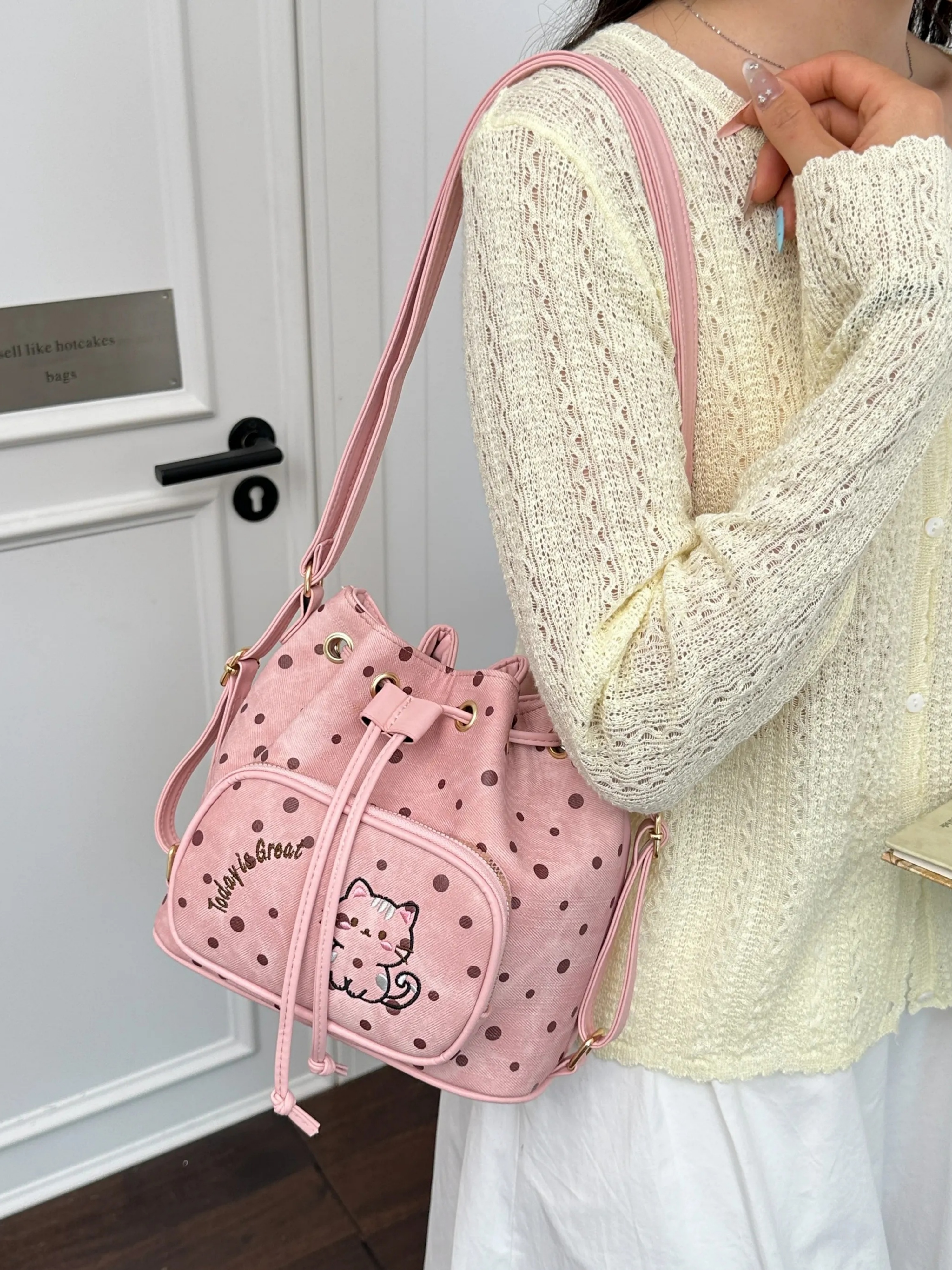 Pink Polka Dot Kitten Drawstring Bag